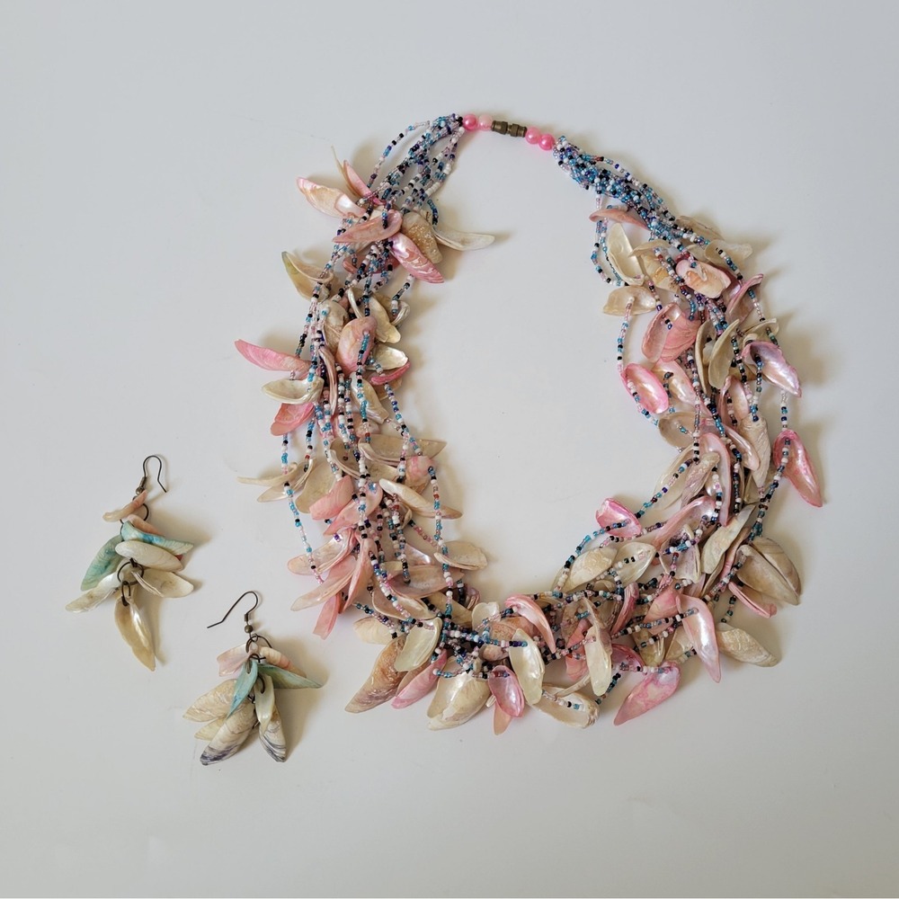 Vintage Chipped Shells Necklace 25" Seed Bead Layered Collar Statement Mermaid